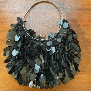 Vintage 60s Black Sequin Evening Bag – Mod Statement Metal Handle
